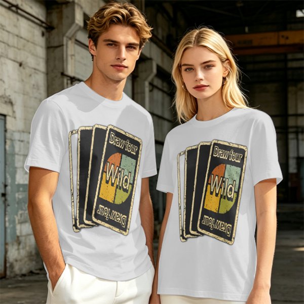 Olive T-Shirt with Retro Uno Wild Draw Four Card Graphic