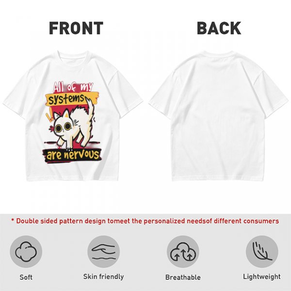 Olive graphic t-shirt with nervous white cat and 'All of my systems are nervous' text