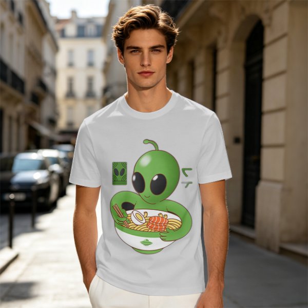 Olive Green T-Shirt With Cute Alien Eating Ramen Graphic