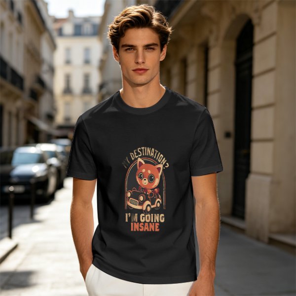 Olive T-Shirt With Red Panda Driving Car 'Destination? I'm Going Insane' Print