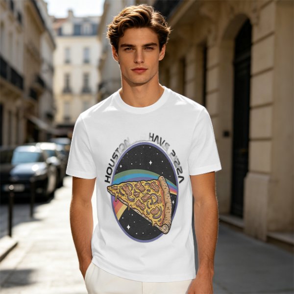 Olive t-shirt with space pizza graphic and Houston have pizza text