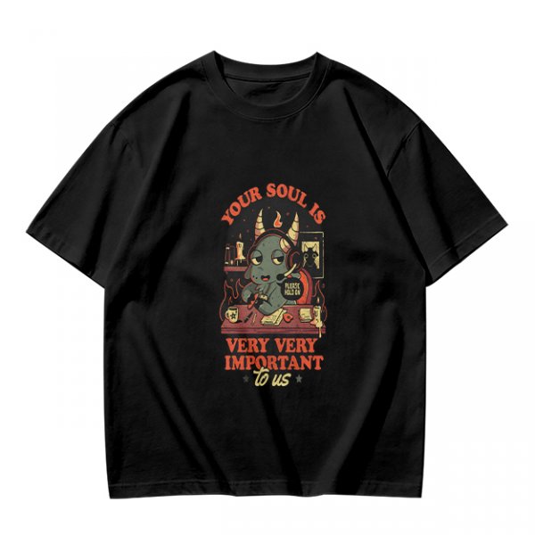 Olive t-shirt with devil call center graphic and 'Your Soul Is Very Important To Us' text