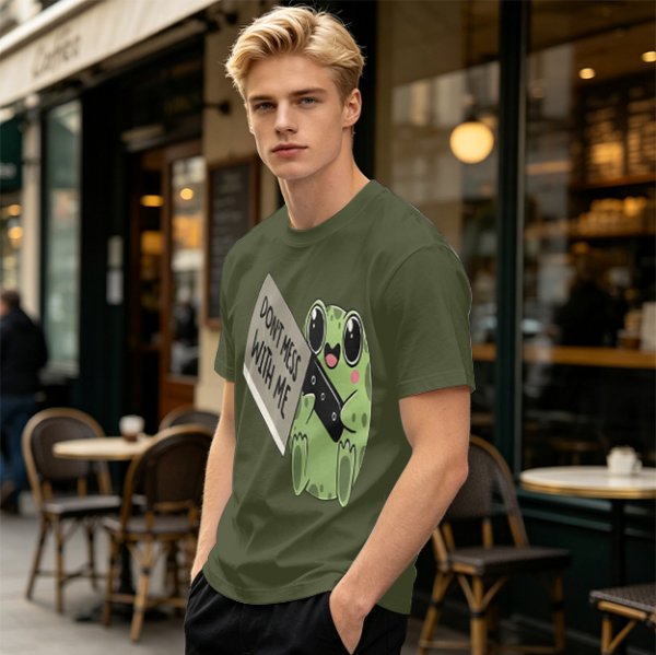 Olive t-shirt with cute frog holding knife and 'Don't mess with me' text