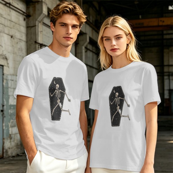 Olive t-shirt with skeleton running from starry coffin graphic