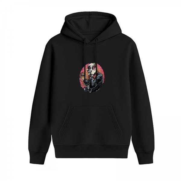 Black hoodie with graphic of a masked performer holding a microphone
