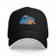 Black baseball cap with Cookie Monster covering a gingerbread man’s eyes