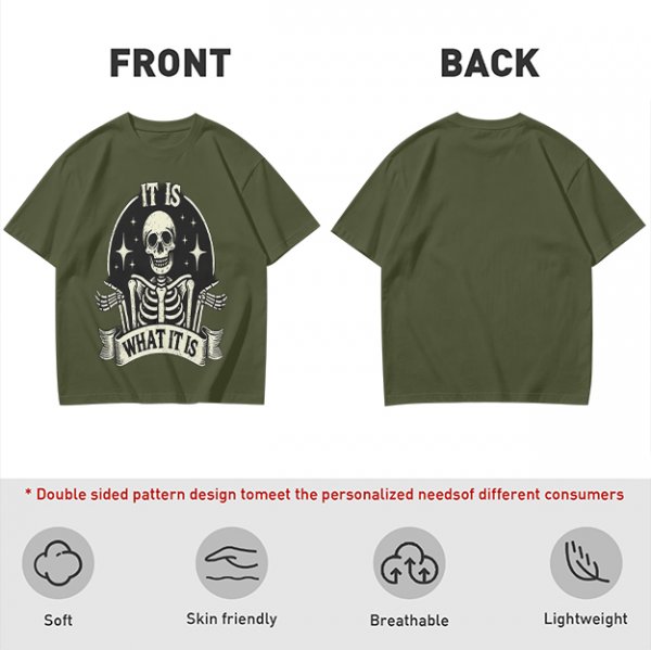 Olive t-shirt with skeleton graphic and 'It Is What It Is' text