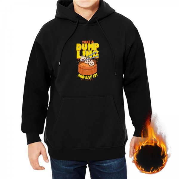 Black hoodie with take a dumpling and eat it graphic design