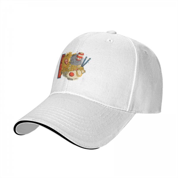 Black Baseball Cap With Playful Ramen Bowl Graphic Design