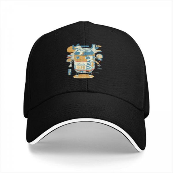 Black baseball cap with cartoon beer can robot graphic
