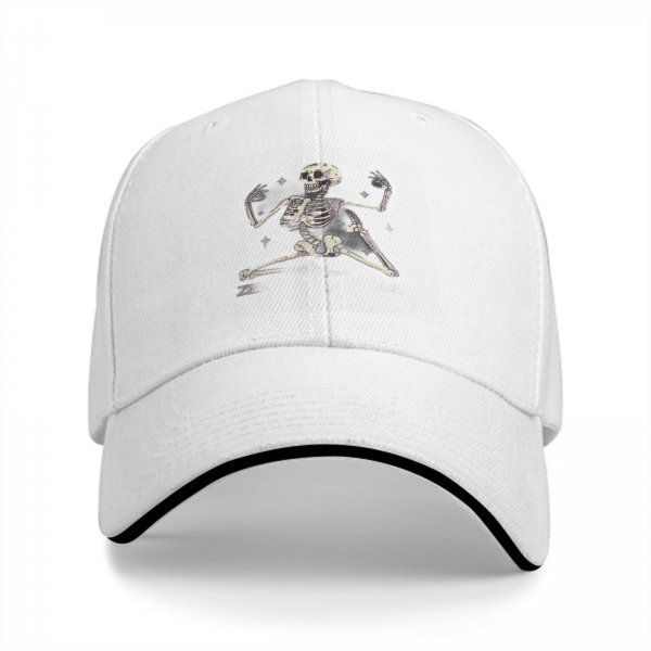 Black baseball cap with dancing skeleton graphic design