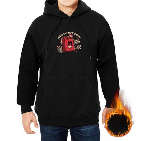 Black Hoodie With Retro Gas Can Cartoon Graphic And Aged Like Fine Text