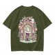 Olive T-Shirt With Whimsical Wizard Cat Garden Door Art