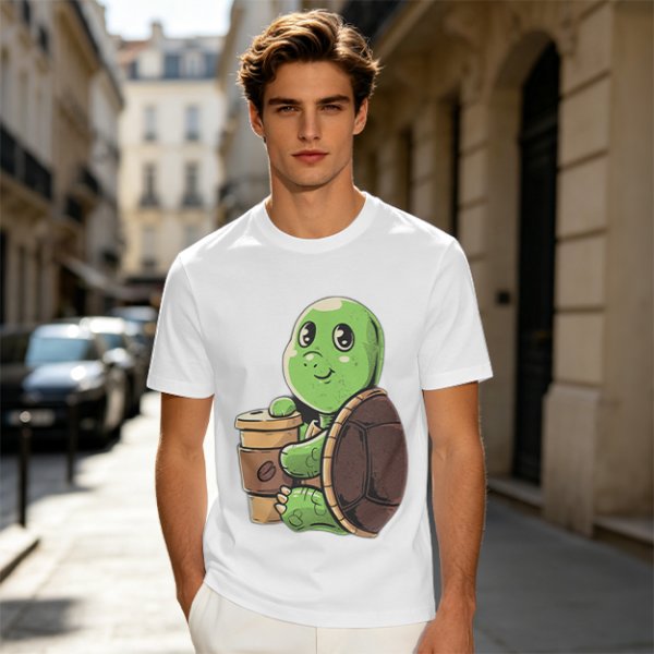 Olive Green T-Shirt With Cute Turtle Holding Coffee Cup Print