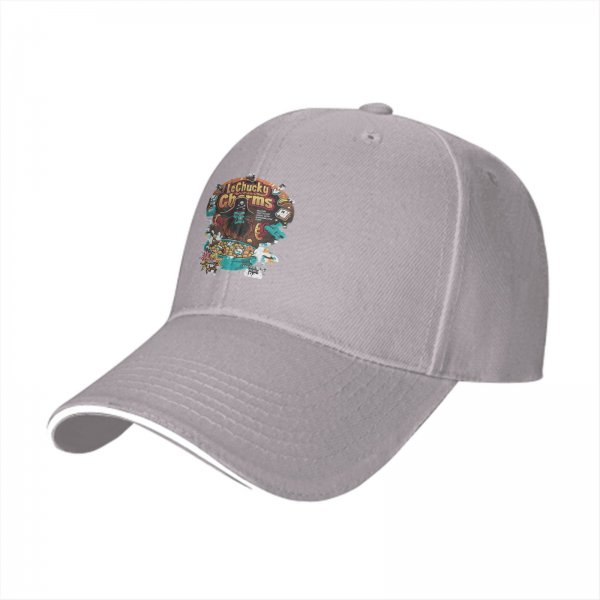 Black baseball cap with LeChucky Charms cereal graphic print