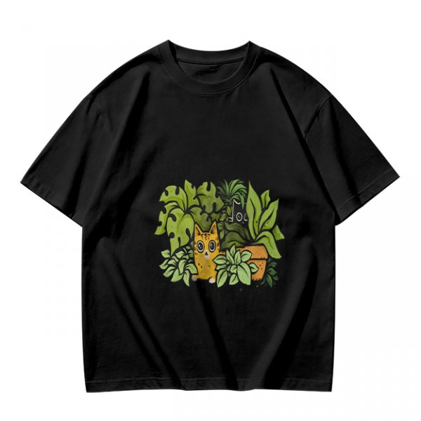 Olive T-Shirt With Playful Cat And House Plants Graphic