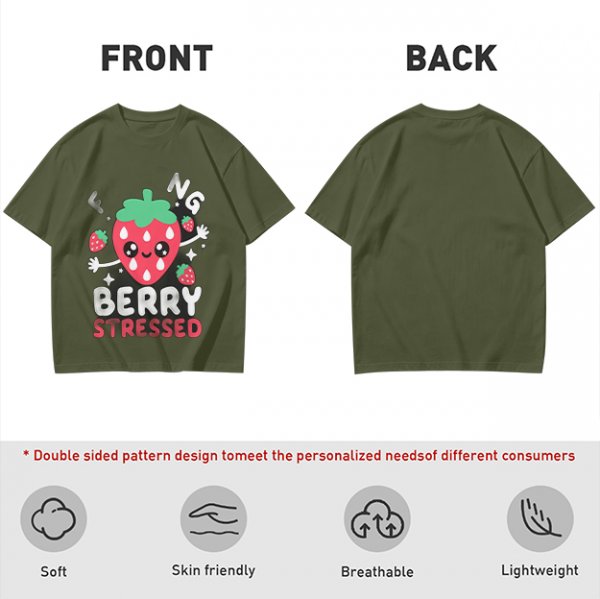 Olive graphic t-shirt with crying strawberry and 'berry stressed' text