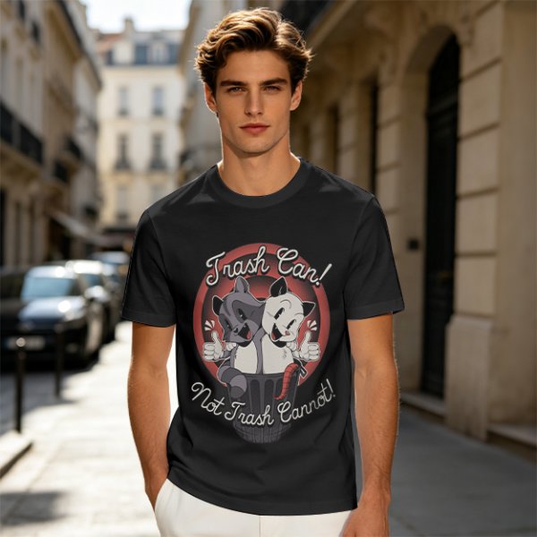 Olive t-shirt with retro cartoon raccoon and dog trash can print