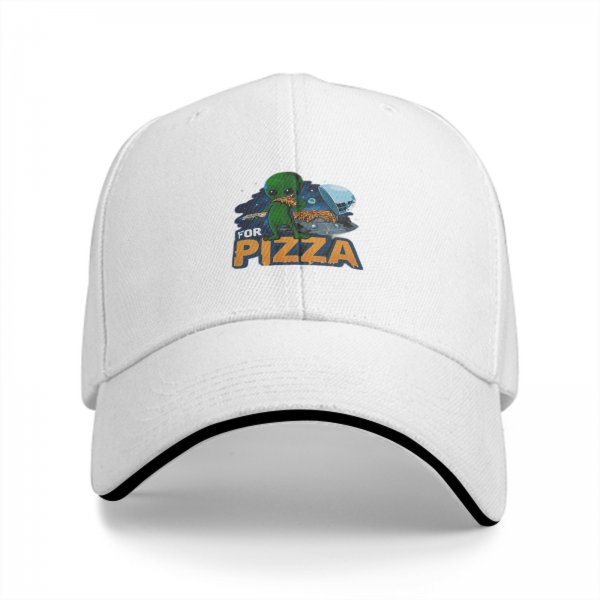 Black baseball cap with alien eating pizza and 'FOR PIZZA' text