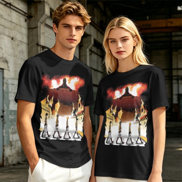 Olive T-Shirt With Anime Characters Crossing Burning Street Print