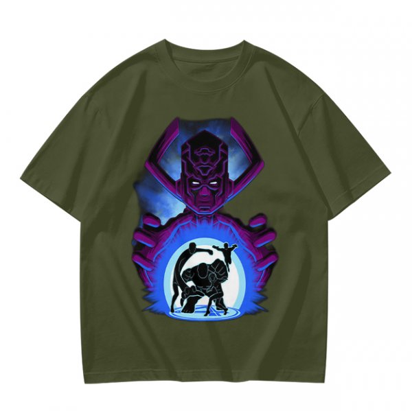 Olive T-Shirt Featuring Galactus Holding Silhouetted Superheroes
