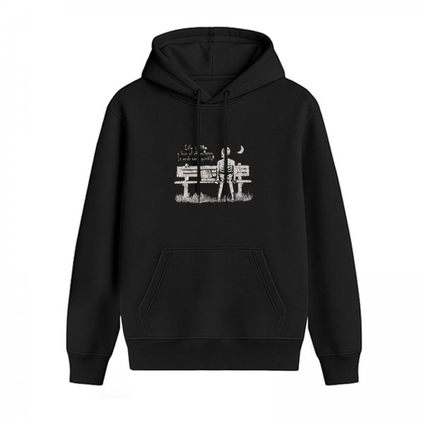 Black hoodie with skeleton on park bench night graphic design