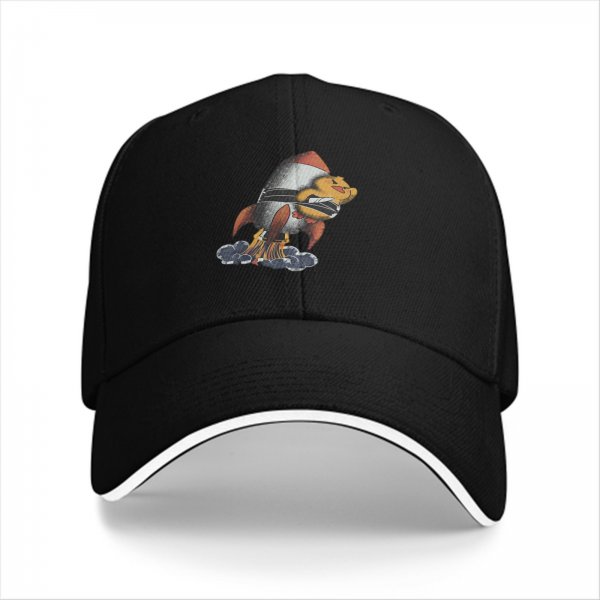Black baseball cap with cartoon duck riding a rocket launch design