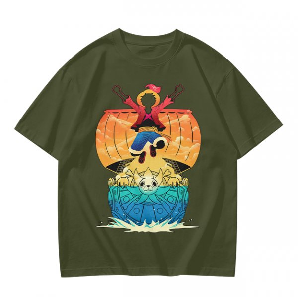 One Piece Thousand Sunny Ship Graphic Olive T-Shirt