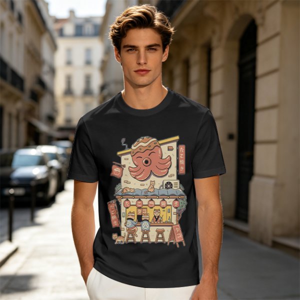 Olive T-Shirt with Octopus Takoyaki Shop Cat Art Print
