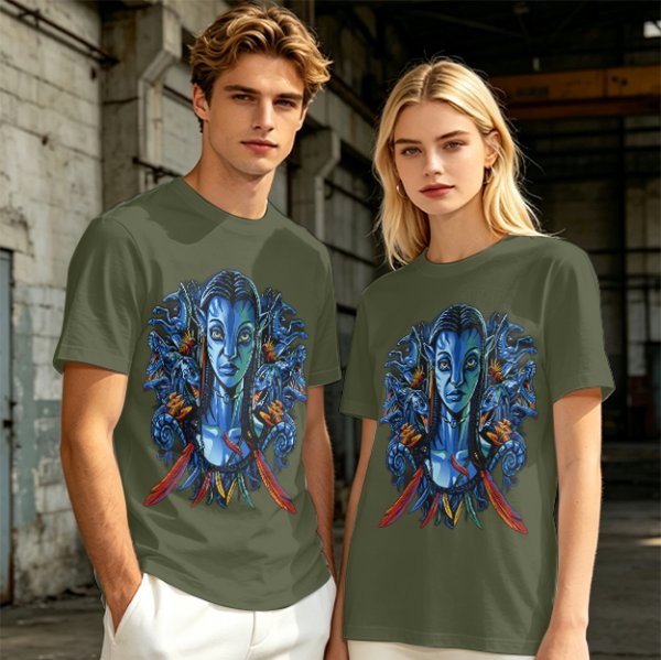 Olive T-Shirt with Na'vi Character and Pandora Creatures Artwork