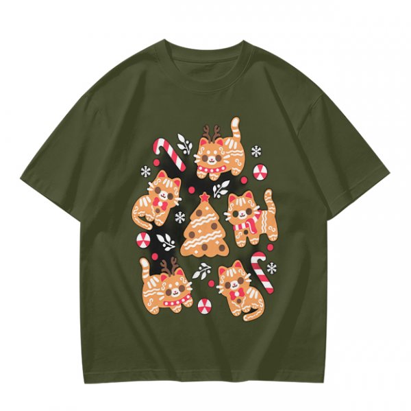 Olive Green Christmas Cat Gingerbread Graphic T-Shirt