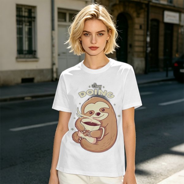 Olive green sloth t-shirt with 'Busy Doing' coffee graphic