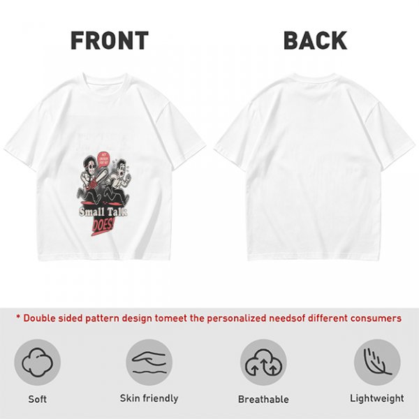 Olive graphic t-shirt with chainsaw man chasing scared person and 'Small Talk Does!' text