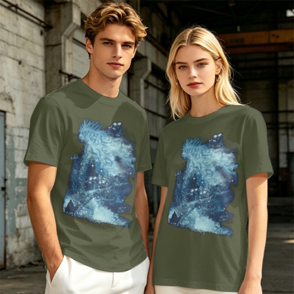 Olive Green T-Shirt With Abstract Blue Water-Inspired Print