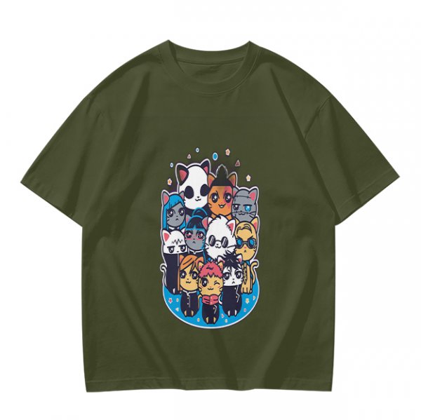 Olive T-Shirt With Cute Chibi Cat Character Group Print