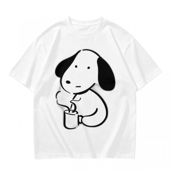 Olive Green T-Shirt With Cartoon Dog Holding Hot Drink Graphic