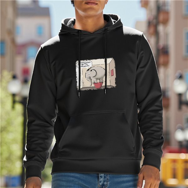 Black hoodie with cartoon elephant in bathroom graphic print