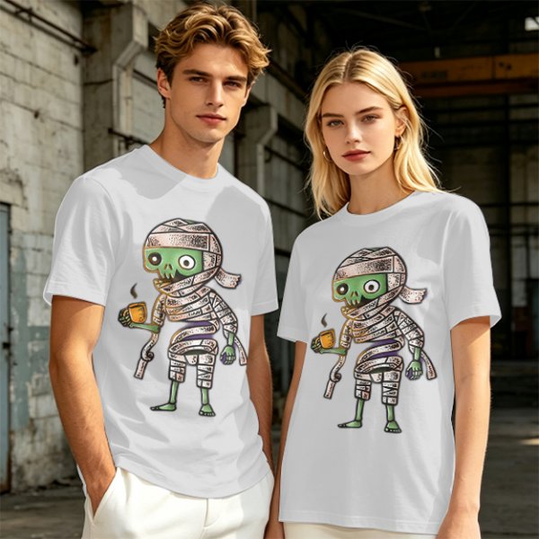 Olive T-Shirt With Cute Mummy Holding Hot Coffee Print