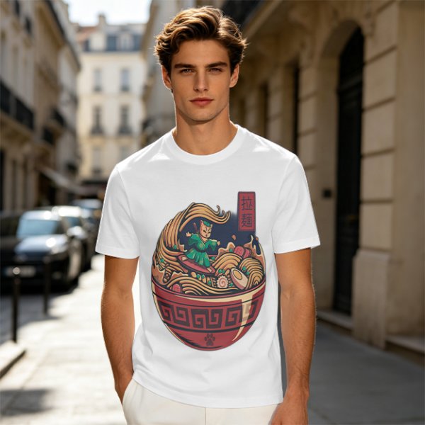 Olive T-shirt with Samurai Cat Surfing Ramen Bowl Art