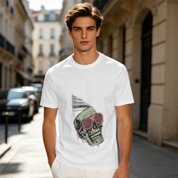 Olive T-Shirt With Party Skull Wearing Pink Shutter Shades