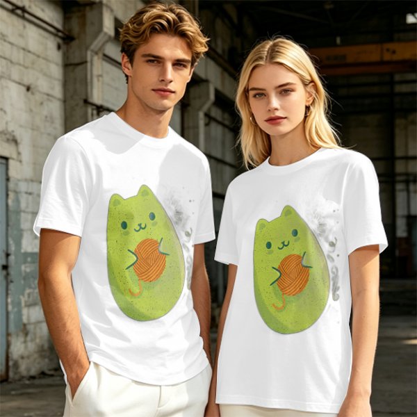 Olive Green T-Shirt With Cute Avocado Cat Holding Yarn Ball Print