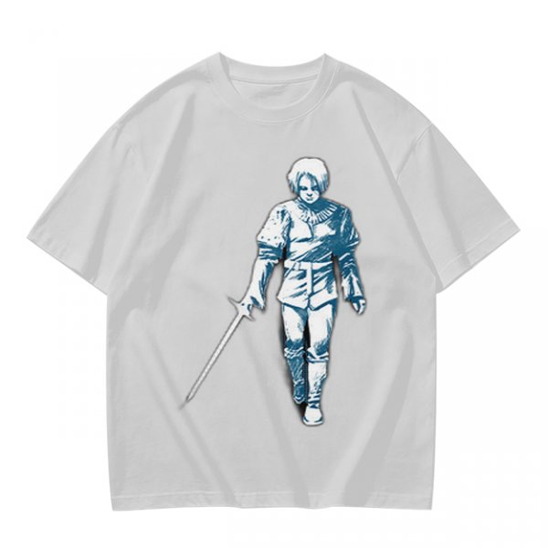 Olive T-shirt with Walking Swordsman Graphic Print