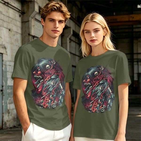 Olive T-Shirt With Dark Fantasy Skull And Monster Graphic Print