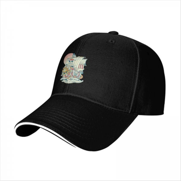 Black Baseball Cap with Anime Pirate Ship Graphic Print