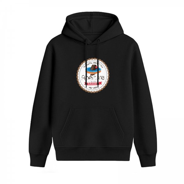 Black hoodie with Aperture Bakery cake graphic print