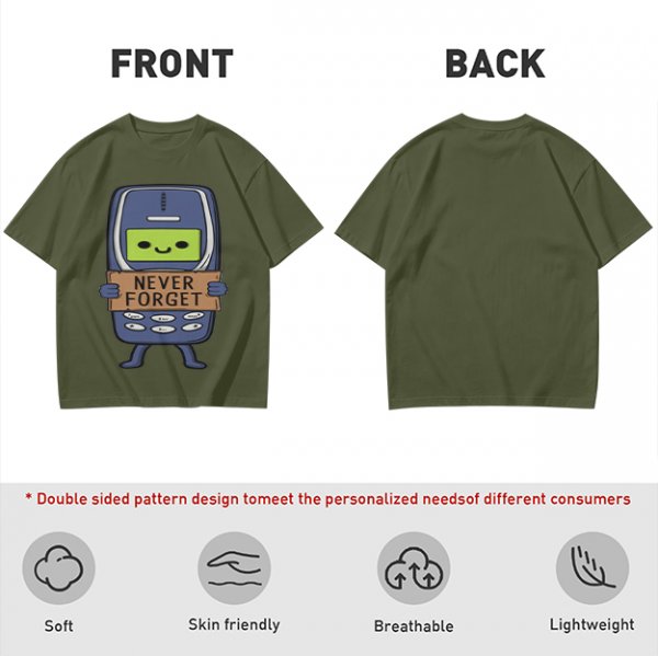 Olive T-Shirt Featuring a Retro Mobile Phone Holding a Never Forget Sign