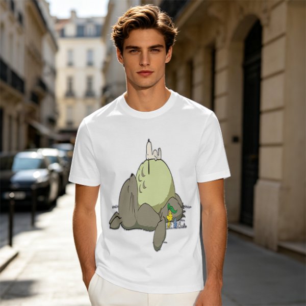 Olive T-shirt with whimsical forest spirit and small animal graphic print