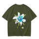Olive Green T-Shirt with Watercolor Blue Lily Flower Print