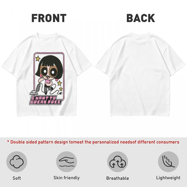 Olive green graphic t-shirt with Powerpuff-style character and 'I Want To Break Free' text
