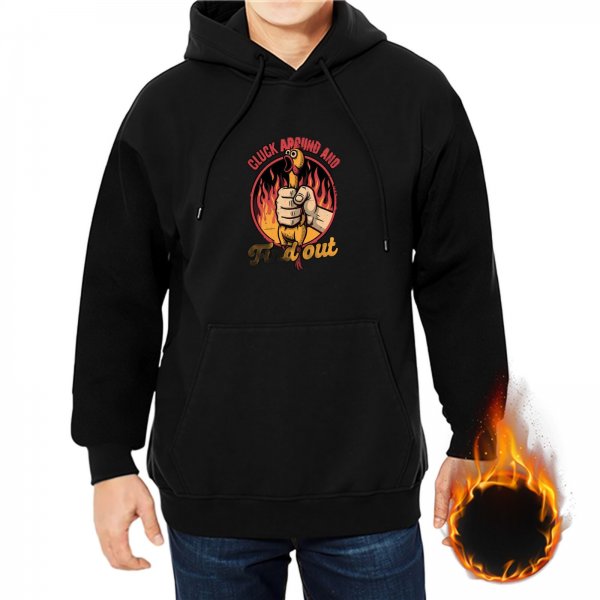 Black hoodie with rubber chicken and flames graphic design